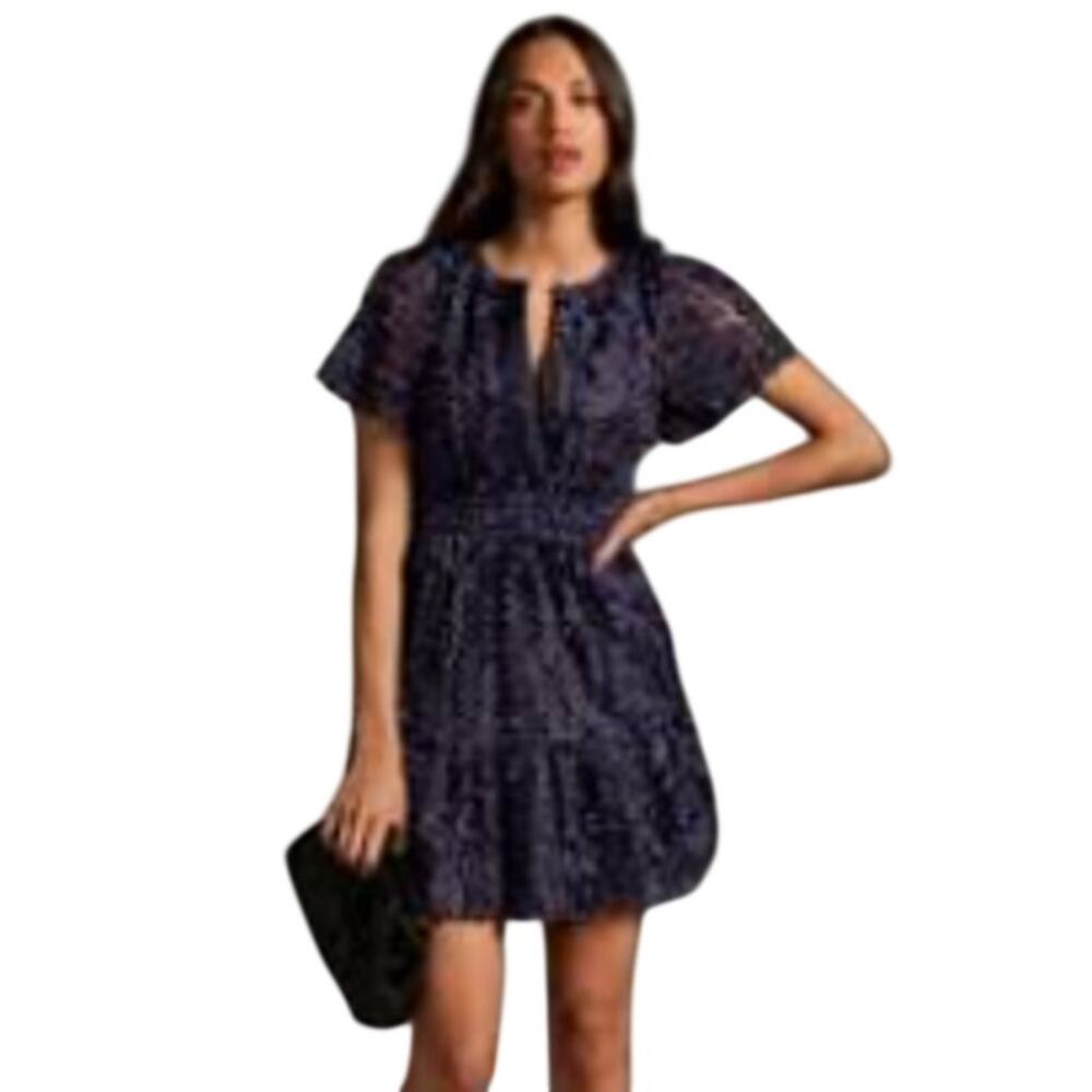 Anthropologie Somerset Mini Dress in the Navy Floral Appliqué Edition.
